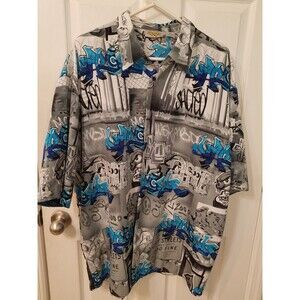 Vintage Up Rock All Over Print Graffiti Button Down Mens Shirt Size 2XL